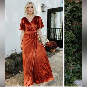 Meghan Velvet Wrap Maxi Dress in Rust
